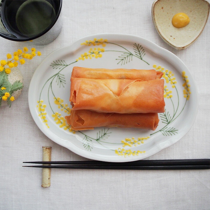 徳永遊心窯　色絵ミモザ　鍔型皿　中