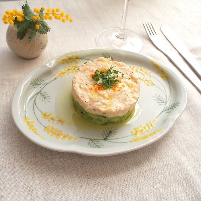 徳永遊心窯　色絵ミモザ　鍔型皿　中