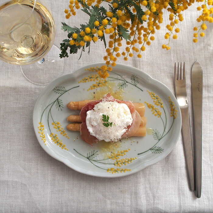 徳永遊心窯　色絵ミモザ　鍔型皿　大