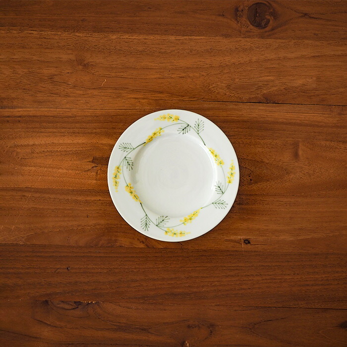 徳永遊心窯　色絵ミモザ　5寸皿
