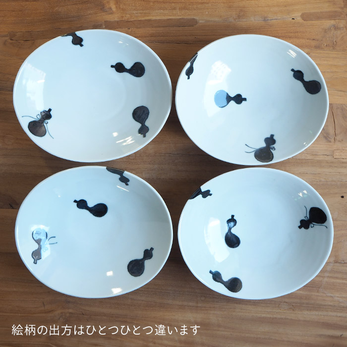 徳永遊心窯　黒呉須　印判　ひょうたん　楕円浅鉢