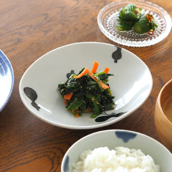 徳永遊心窯　黒呉須　印判　ひょうたん　楕円浅鉢