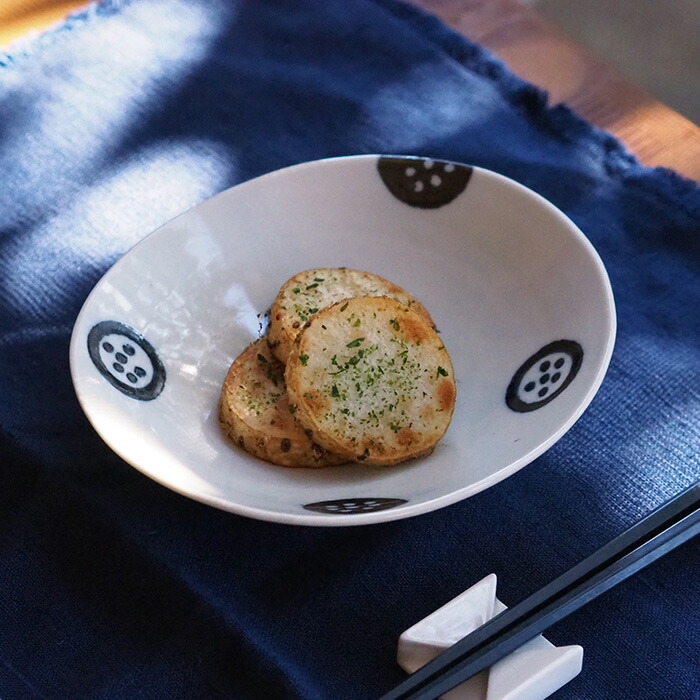 徳永遊心窯　黒呉須　印判　きゅうり　楕円浅鉢