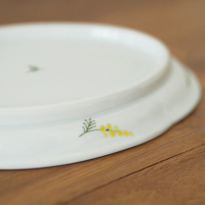 徳永遊心窯　色絵ミモザ　鍔型皿　大